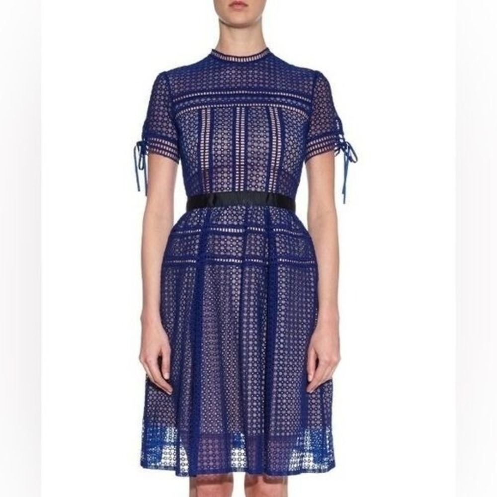 Self-Portrait || Aurelia Paneled Lace Fit & Flare Dress Cobalt Blue‎ US 2